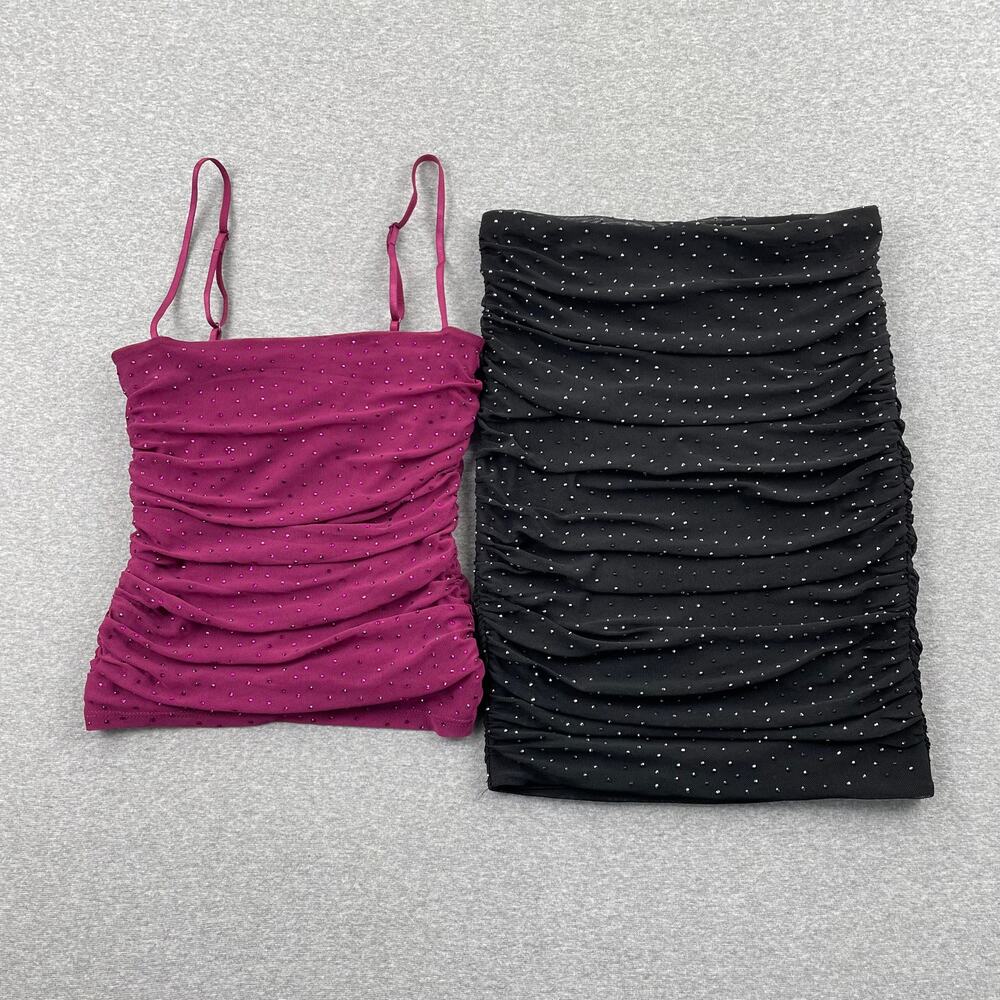 AFRM 2-Piece Set Skirt & Top Size S Black Pink Rhinestone Ruched Club Rave Glam